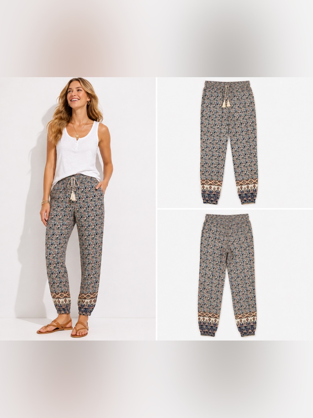 Natural Life Floral Printed Jogger Pants XS Smocked Waist Boho Border Cuff